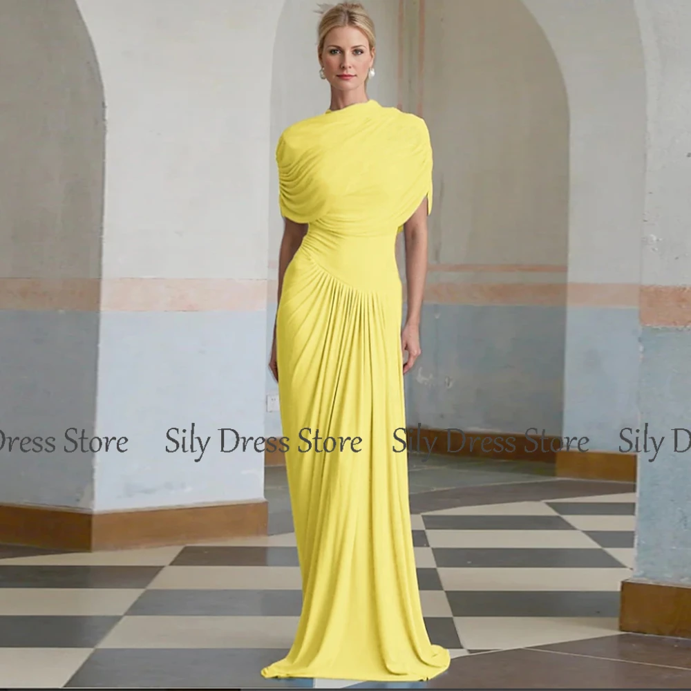 Sky Blue Evening Dresses 2025 Spandex Sheath/Column Prom Dress High Collar Pleat Cap Sleeve Valentine's Day Long Gown image 4