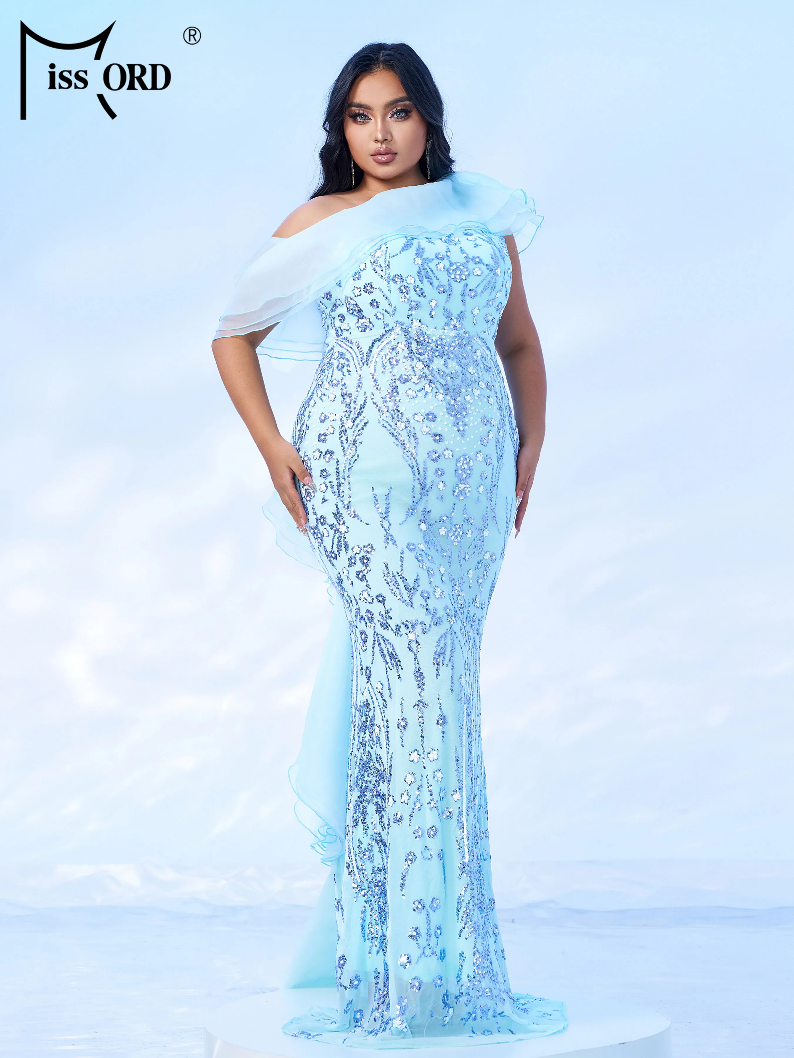 Missord-vestido asimétrico de sirena con lentejuelas, traje de noche para boda, fiesta de cumpleaños, ocasiones formales, color azul, talla grande, 2024