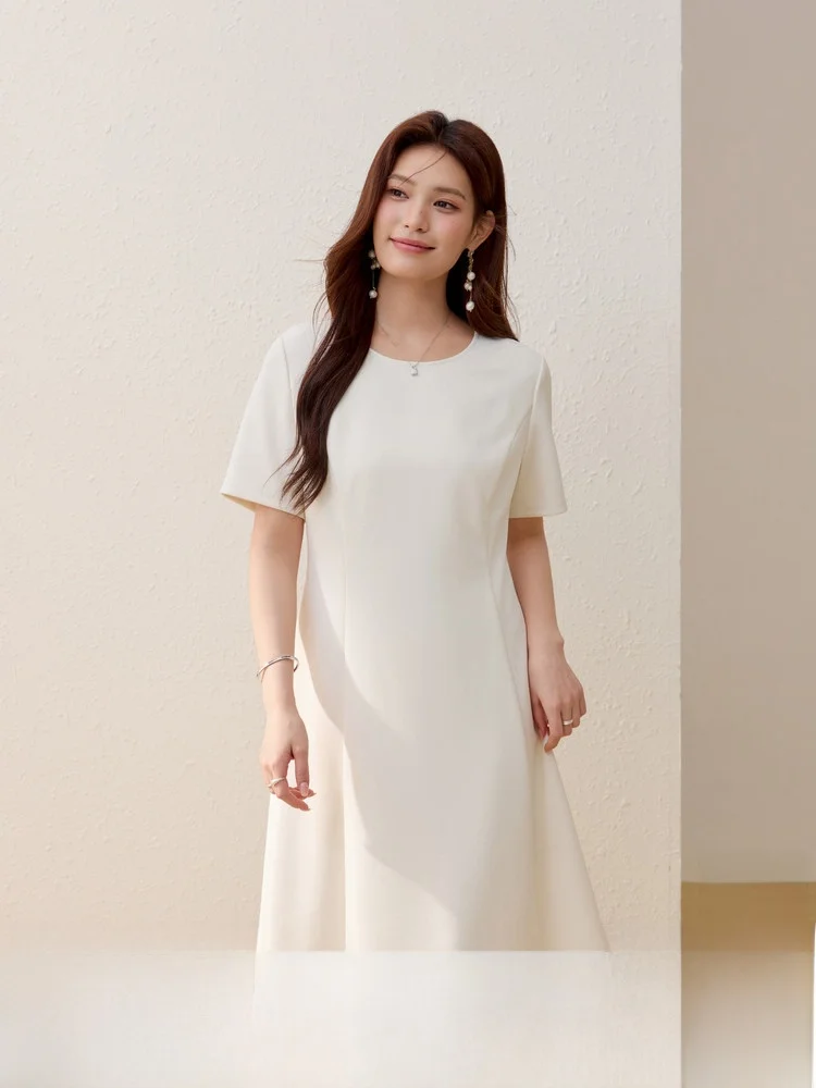 

Elegant round Neck Long Dress plus Size Women's Spring Fashion Design A-Line Skirt Comfortable Fit Casual Wear Polyester Blend