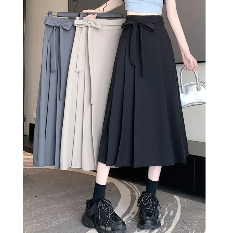 Women's Summer Black Bow Gray Suit Skirt High Waist Slimming A-line Midi Skirts offce lady elegant solid pleated skirt trendy