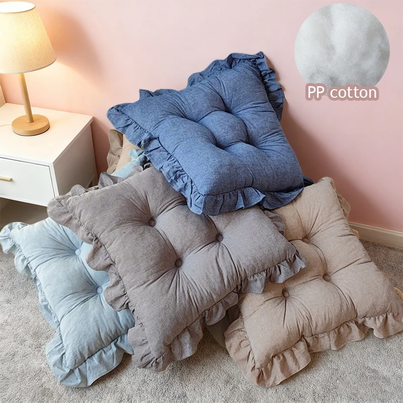 

Solid Color Square/Round Chair Pad with Ruffle Edge Korean Style Washed Cotton Tatami Mat for Home Office Декоративные Подушки