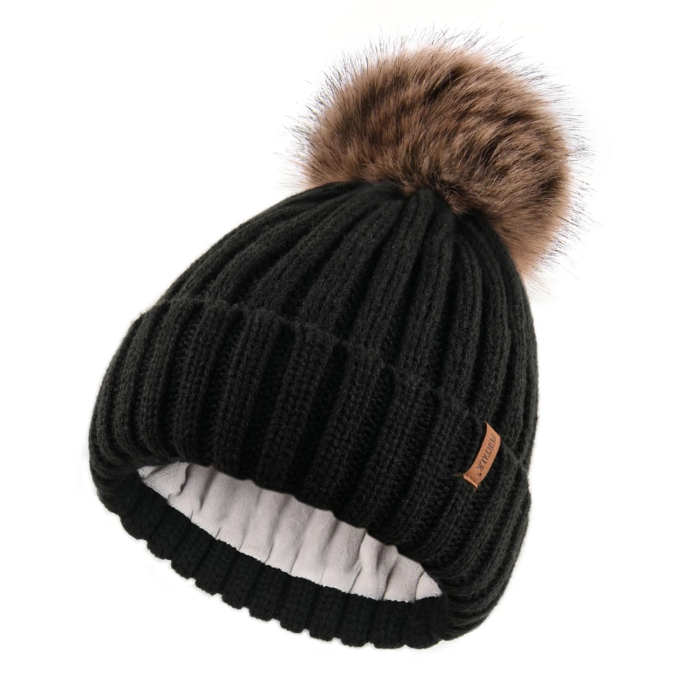 FURTALK السيدات محبوك قبعة صوف مع طبقة مزدوجة الصوف بطانة الكرة زخرفة الشتاء قبعة تزلج للجنسين الدافئة دافئ متماسكة قبعة للنساء #2