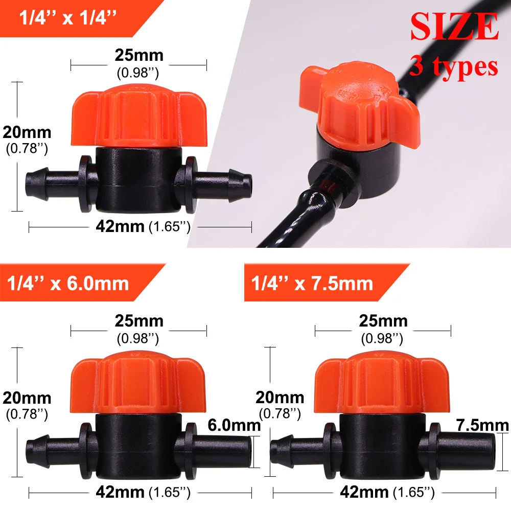 1/4'' Barb Shut-Off Valve Miniature 1/4'' Tubing Equal Connector Garden Micro Drip Irrigation Switch Joint Greenhouse Fittings