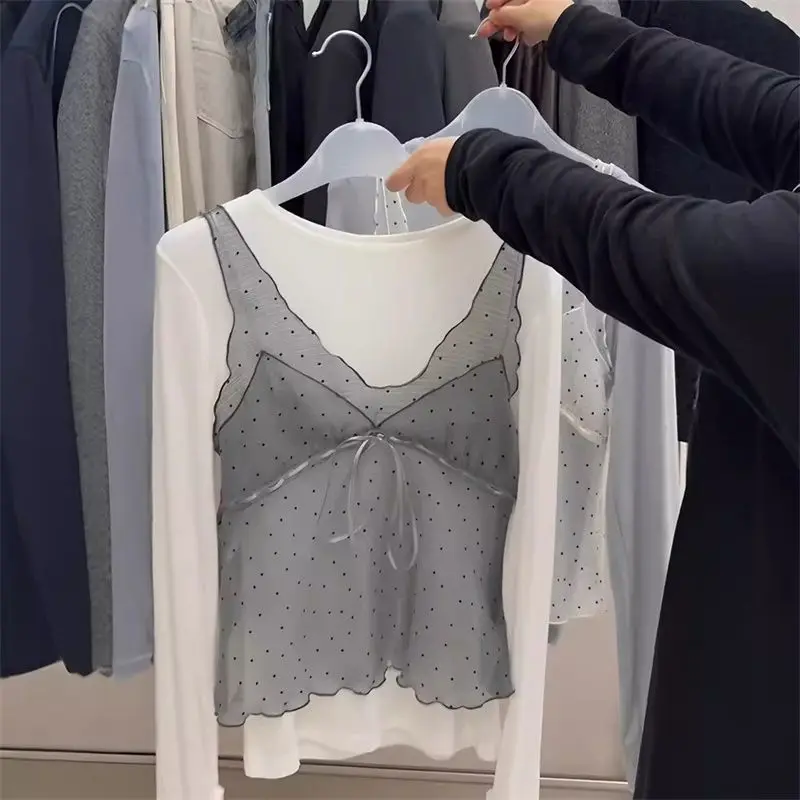 Polka Dot V Neck Sling Mesh Sets Layering Shirt Simple Casual Elegant Moda Two Pieces Slim All-match Minority Crop Tops