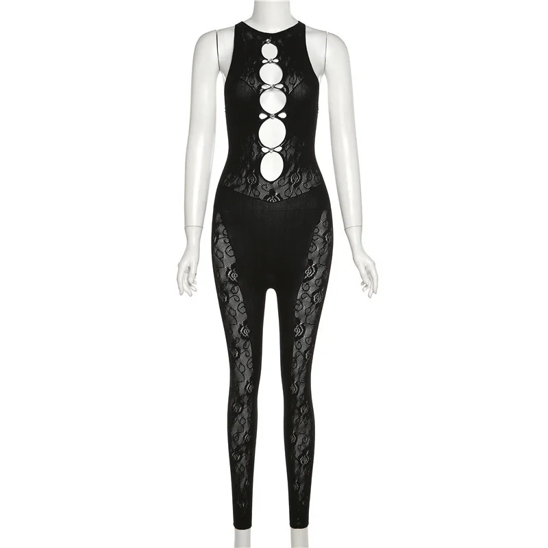 ตาข่าย Sheer Sexy Club Jumpsuits แขนกุดปิดไหล่ Hollow Out Party Solid Casual Elastic Body Jumpsuit