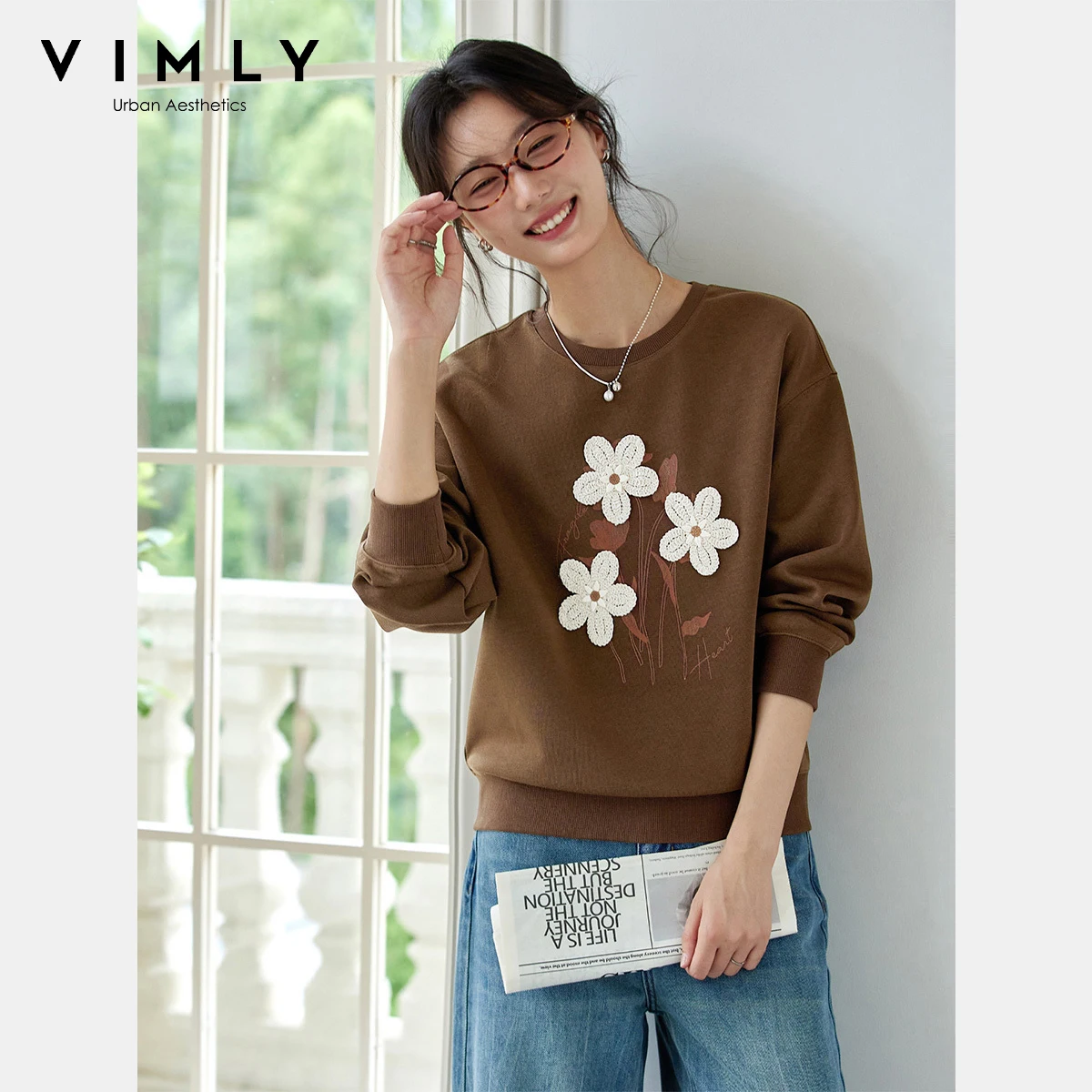 VIMLY Brown Sweatshirt Women Autumn 2025 Casual Floral Print Long Sleeve Tops for Woman Loose Round Neck Ladies Sweater A2511