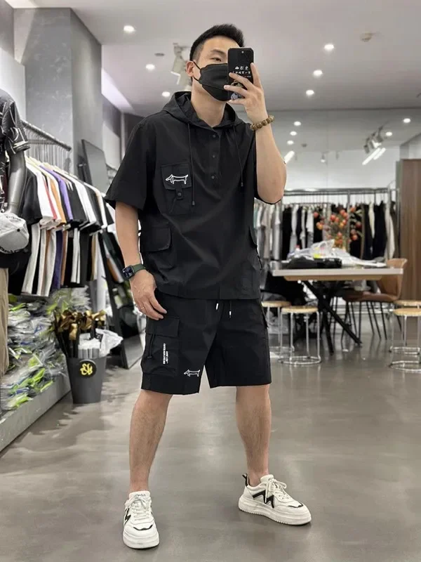 Summer New Hooded Short Sleeved Hoodie Set for Men\'s Workwear Short Sleeved Shorts Two-piece Set for Men\'s Golf and Tennis Sport