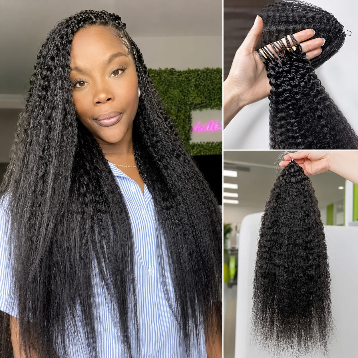 

Boho Knotless Crochet Braiding Hair Extensions Kinky Straight Human Hair Bulk Natural Black Pre-Separated Invisible Feather Tip 100% Remy Virgin Human Hair For Women Protective Styles Easy Install