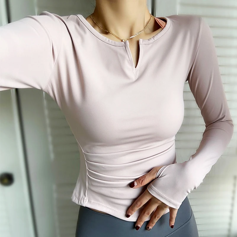 PofyBofy Thumb Hole Slim Fit Side Pleated Quick Dry Curve Hem Women Long Sleeves T-Shirts Exercise Yoga Gym Daily Sportwear Tops