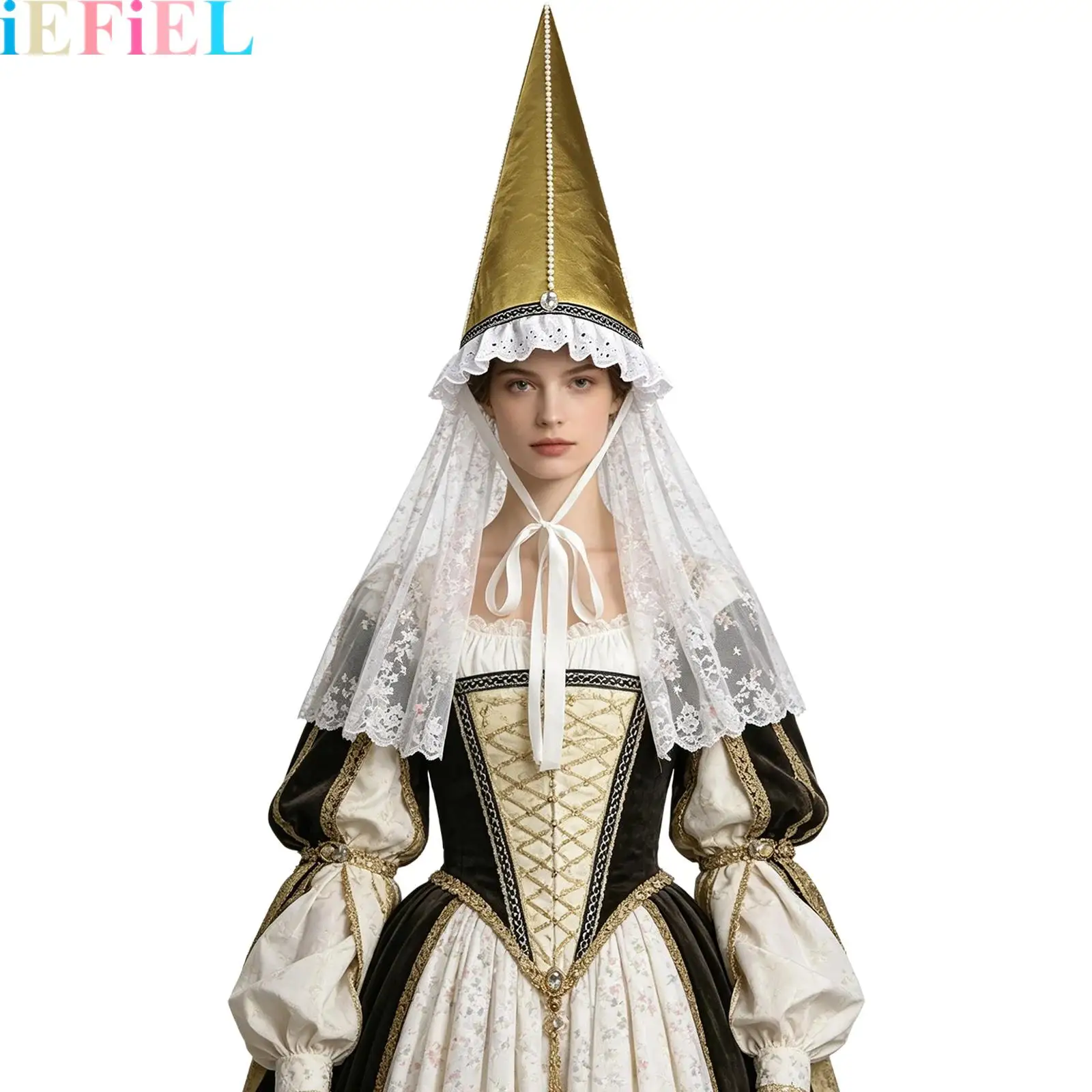

Women Medieval Renaissance Hat with Veil Cone Pointy Hat Lace Trim Faux Pearls Decor Hat for Halloween Renaissance Party