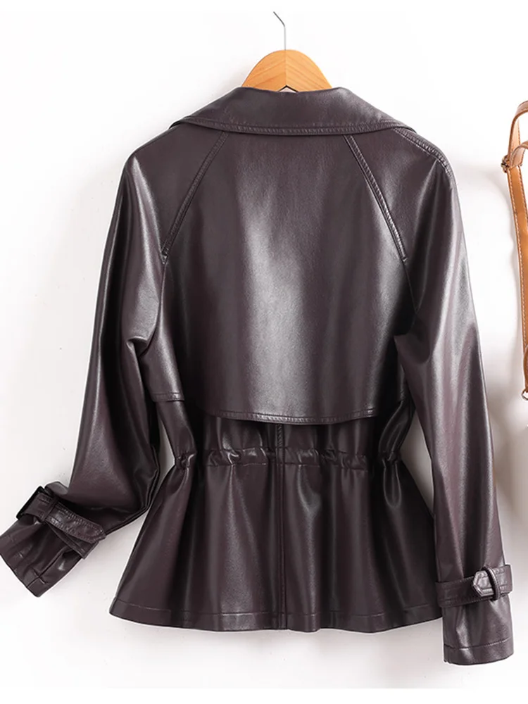 New Women Vintage Split Leather Coat Autumn Winter Fashion Suit Collar Drawstring Slim Waist Short Trench Coat Casual Jacket
