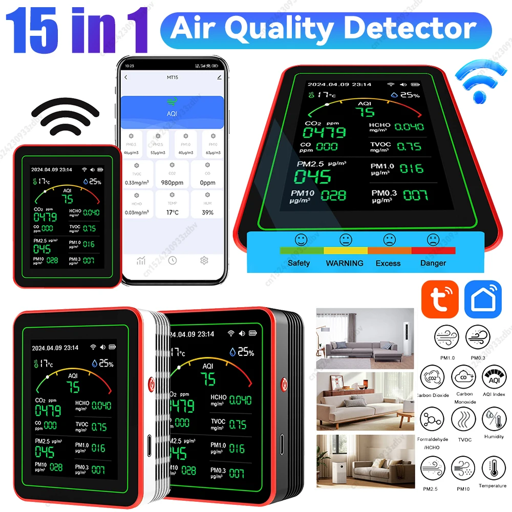

Портативный тестер Wi-Fi 15 в 1, тестер AQI PM0.3 PM1.0 PM2.5 PM10, управление через приложение, бытовой тестер CO CO2 TVOC HCHO, измеритель температуры и влажности