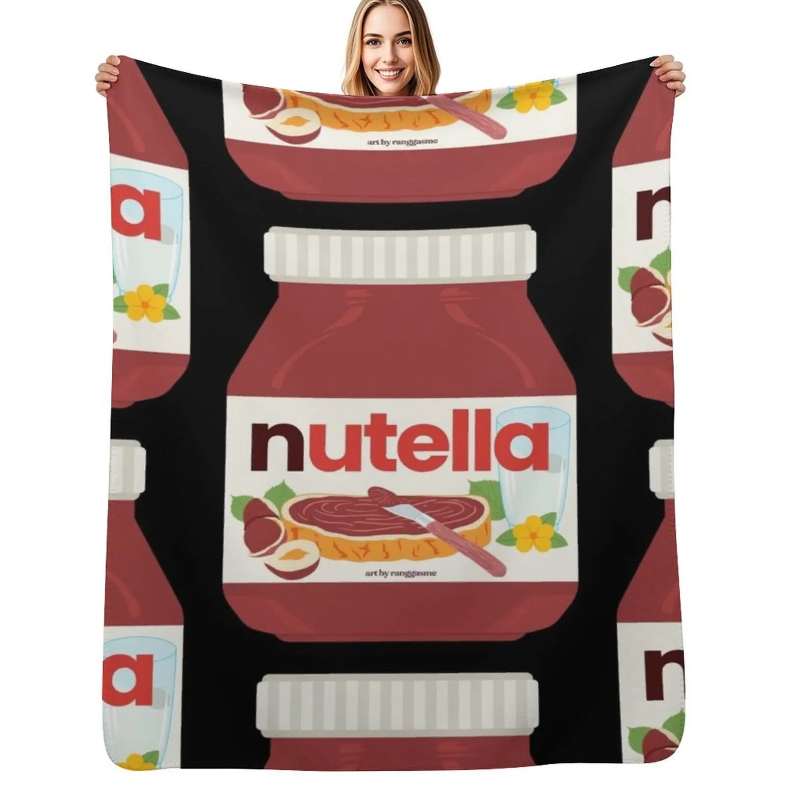 Manta Decorativa con Diseño de Nutella - Crema de Chocolate, Avellanas y Cacao en Frasco, Regalo Elegante para Amigos o Compañeros de Habitación