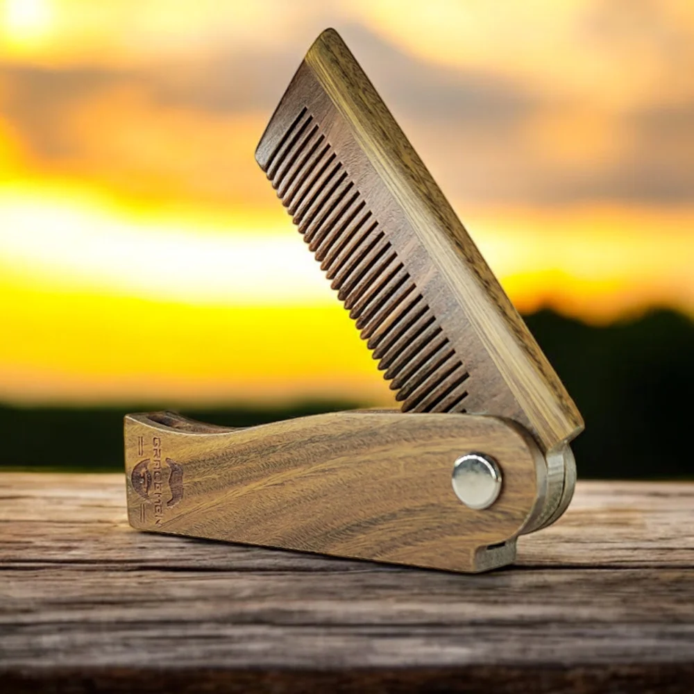 

Складная карманная расческа для бороды Gracemen, складная щетка из натурального зеленого сандалового дерева, расческа для бороды, деревянная расческа для волос