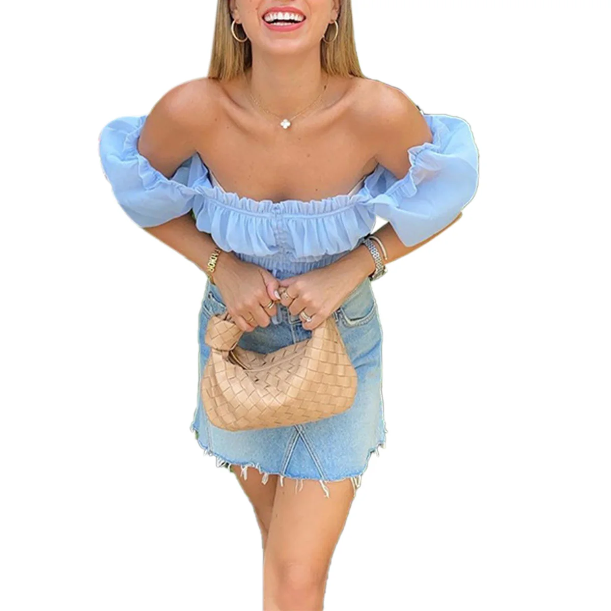 Women Summer V-neck Crop Top Elastic Short Puff Sleeve Drawstring Bow Knot Tied Blouse Slim T-Shirts