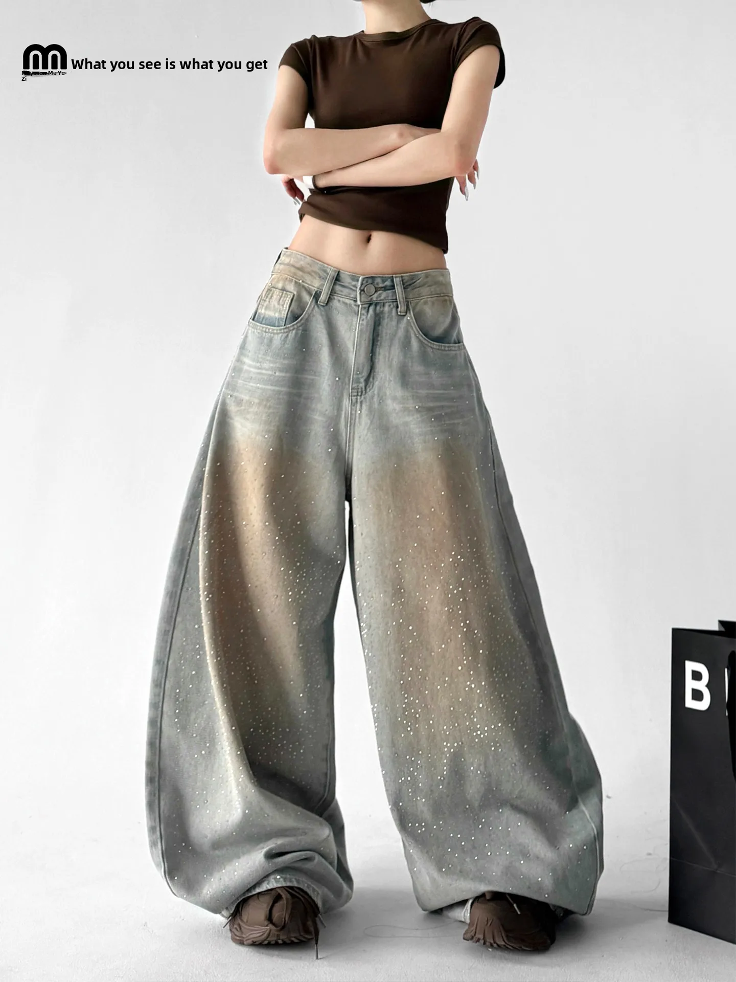 

Spring 2026 High Waist Wide Leg Denim Jeans Women's Loose Fit Gradual Color Rhinestone Embellished Trousers Slimming Effect