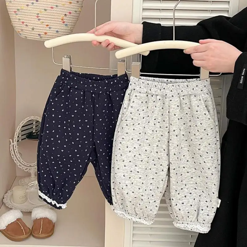2025 Winter New Baby Fleece Trousers Cotton Girls Polka Dot Casual Pants Plus Velvet Thick Infant Boys Warm Pants Kids Clothes