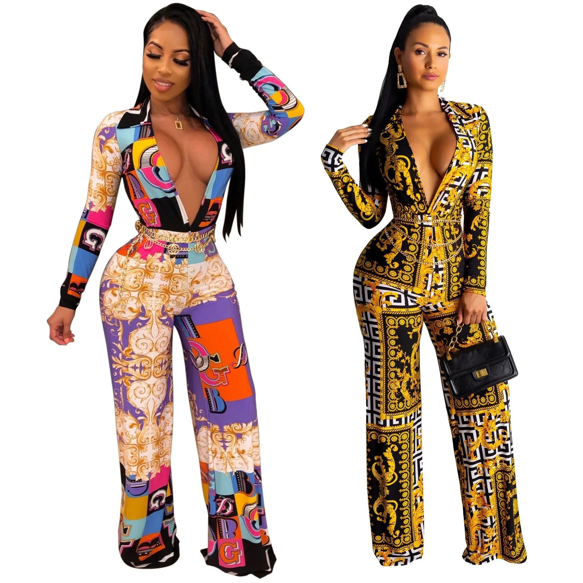 European Fashion V Neck Sexy Bodycon Jumpsuit Vintage Print Casual Full Length Overalls Ladies Playsuits