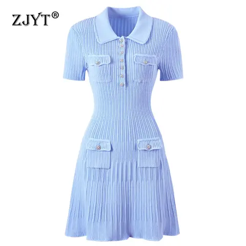 ZJYT Runway 2025 Women's Fashion Summer Knitted Sweater Dress Designer Turn-Down Collar Mini Party Dress Blue White Vestidos