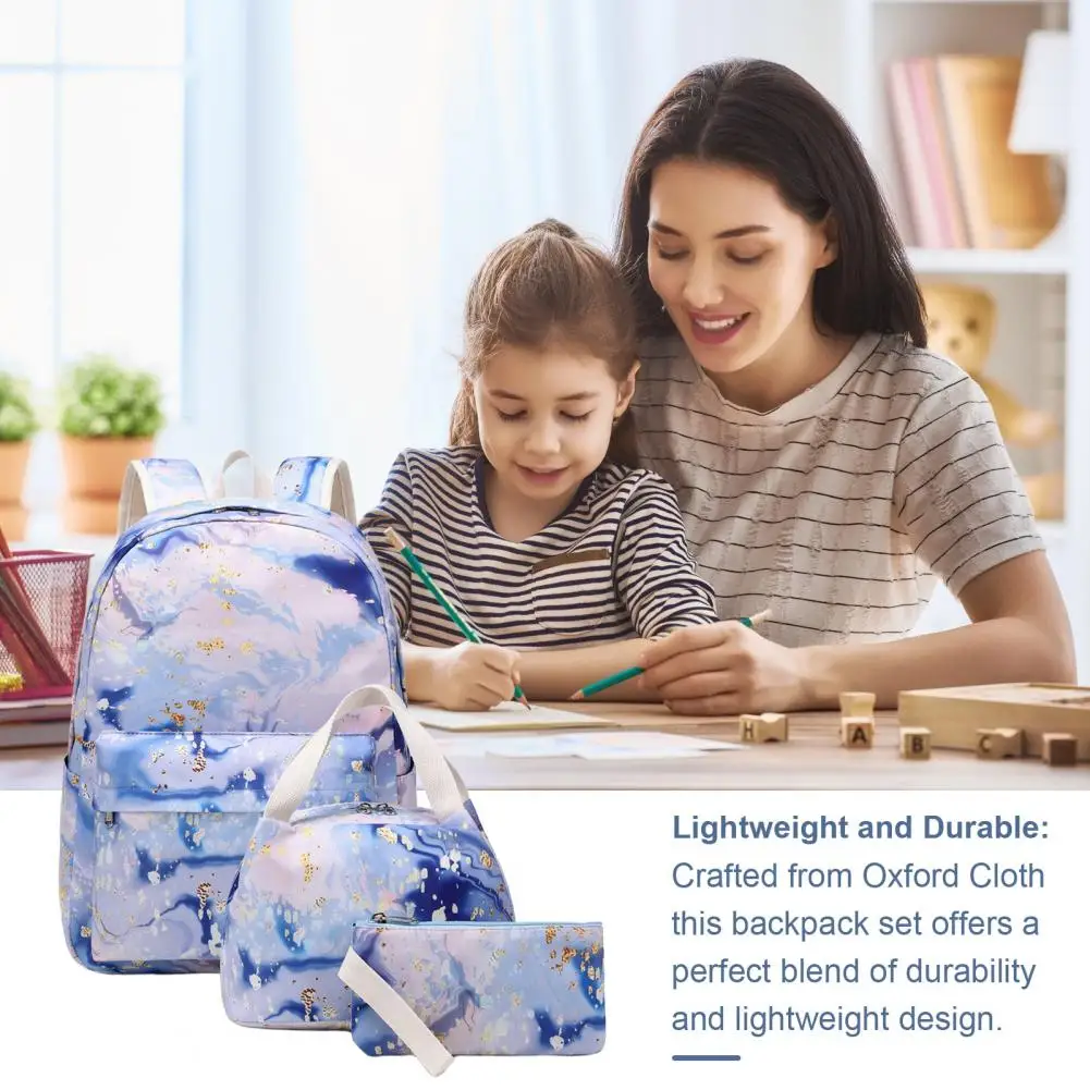 

Stationery Bag Set Waterproof School Bag Set with Lunch Bag Pencil Case Adjustable Shoulder Strap Printed Design Zipper Closure