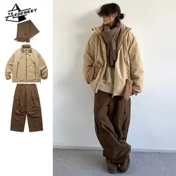 Winter Cargo Set Men Women Loose Thickened Warm Zip-up Parka+Multi-pocket Wide-leg Baggy Casual Pant Street Vintage Unisex Suit