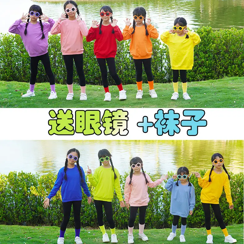 Children's cotton round neck sweater candy colored clothing school sports uniform solid color set