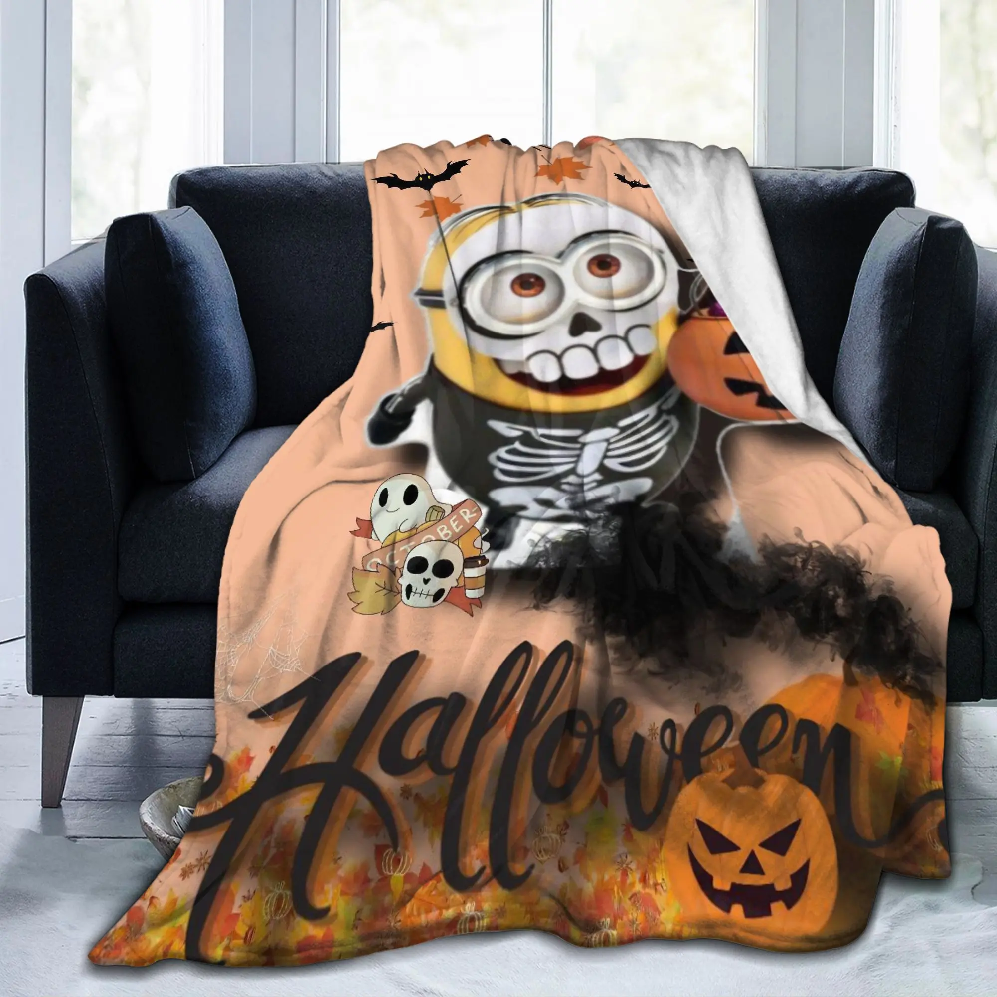 M-Minions-s Skull Halloween Pumpkin Blankets Fleece Decoration  Breathable Throw Blankets for Bedding Outdoor Plush Thin Quilt