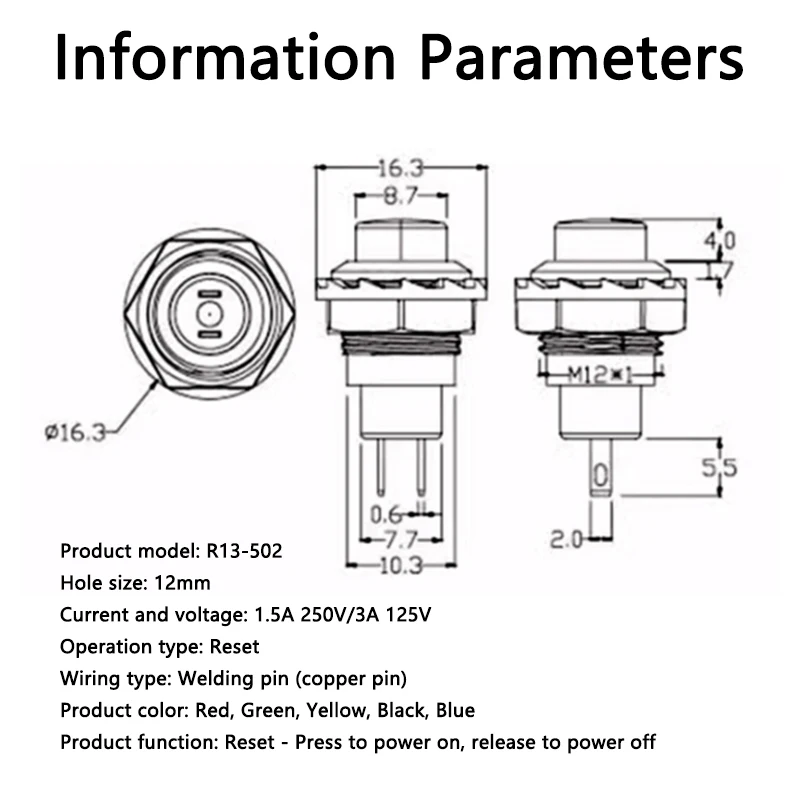 10 Stück Schwarzer R13-502 Runder Selbstrückstellender Druckschalter ohne Verriegelung 12mm 1,5A 250V/3A 125V Kunststoff-Druckschalter – Detail 6