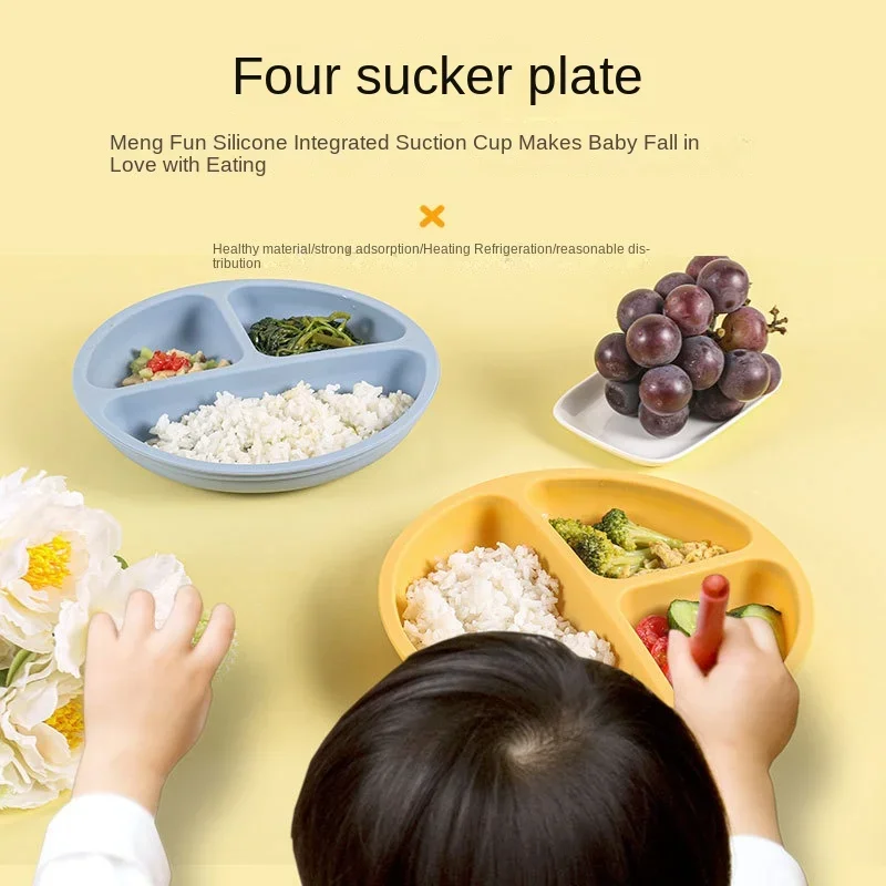 BPA Free Silicone Baby Plate with Spoon Fork Bibs Children Dishes Safe Baby Dining Plate with Suction Smile Face Plates for Kids