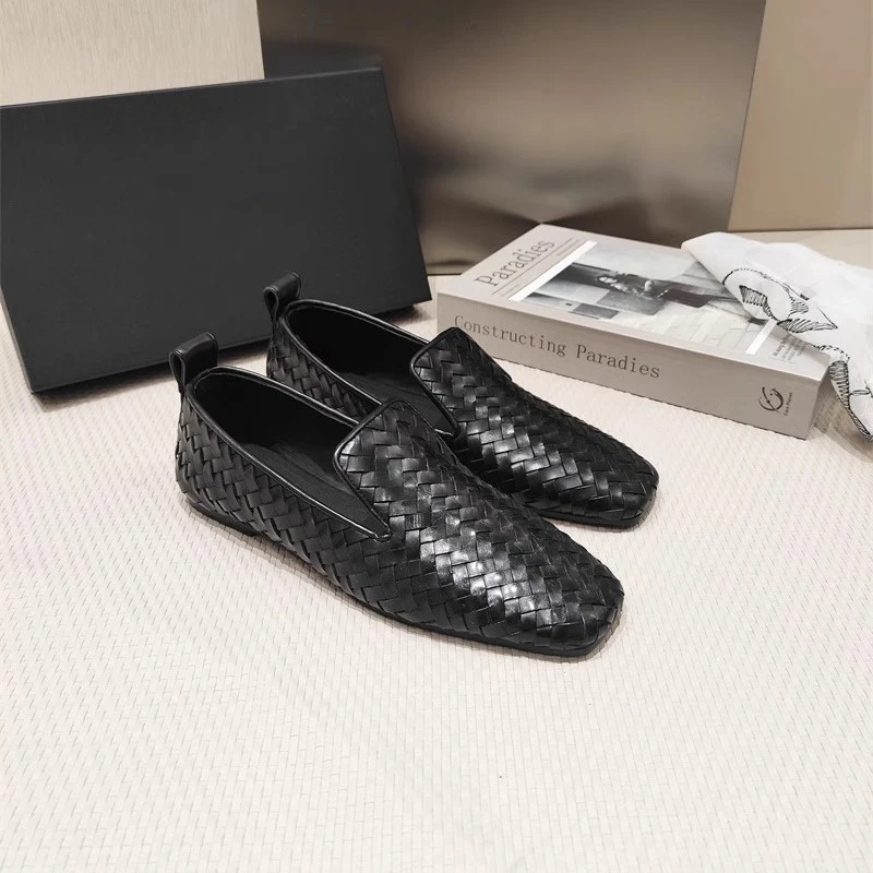 2024 Spring New Square Head Women's Shoes  Cowhide woven lazy shoes  Lefu shoes  Breathable casual shoes