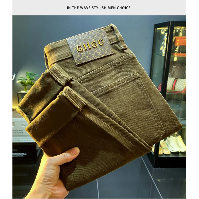 Olive Green Jeans for Men 2024 New Autumn and Winter High-End Fashion Elastic Slim Fit Skinny Affordable Luxury Fashion Pants