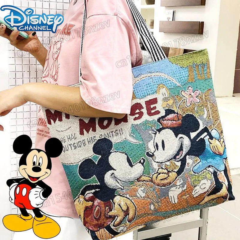 

Disney Mickey Mouse Shoulder Bag Women Cartoon Cute Mickey Minnie Mouse Large Capacity Handbag Fashion Embroidery Canvas Bag