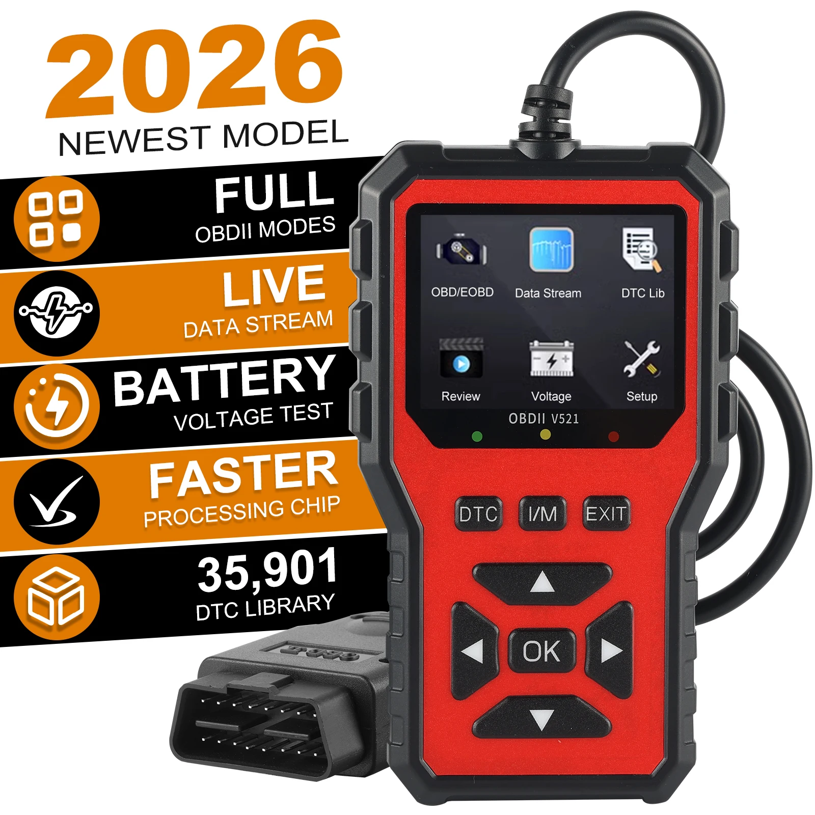 V521 Professional OBD2 Scanner, Upgraded OBDII & CAN Code Reader, Real‑Time Data, Battery Test, 4000+ DTC Library, I/M Readiness, Check Engine Light & Smoke Test, for All Vehicles After 1996