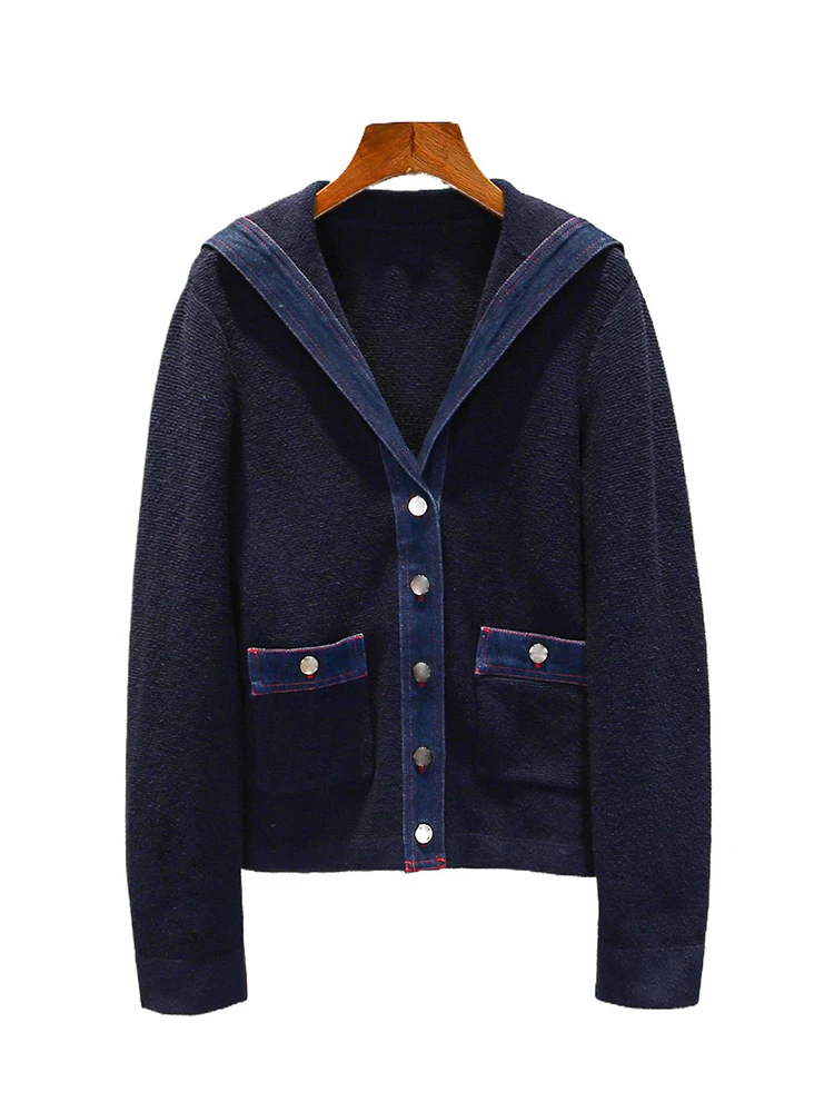 

Sandro Sivos Premium Women's Knitted Navy Collar Open Cardigan Spring 2025 Pre Order Simple Commute Sle Regular Fit Long Sl...