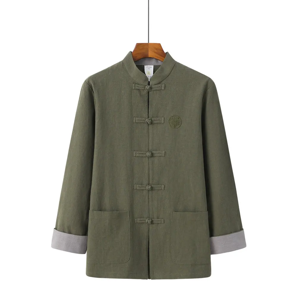 Spring Men Linen Tunic Coat Green Red Gray Blue Mandarin Collar Button Design Jacket Outerwear For The Year of the Dragon 2024