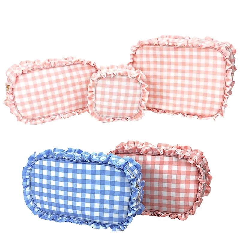 1pc Ruffle Plaid Cosmetic Bag Personalized Nylon Pink Toiletry Bag New Travel Cosmetic Makeup Bag Organizer Bride Party Gift