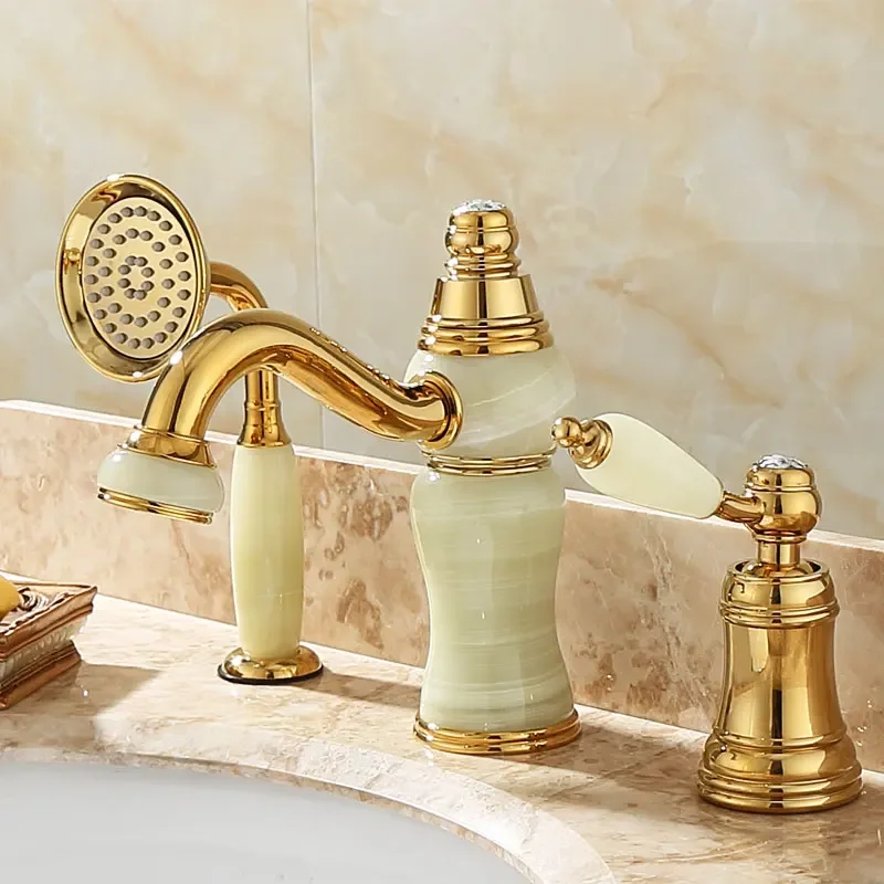 Sijie Nuoya European style all-copper natural jade three-hole basin hot and cold water faucet marble gold rose faucet