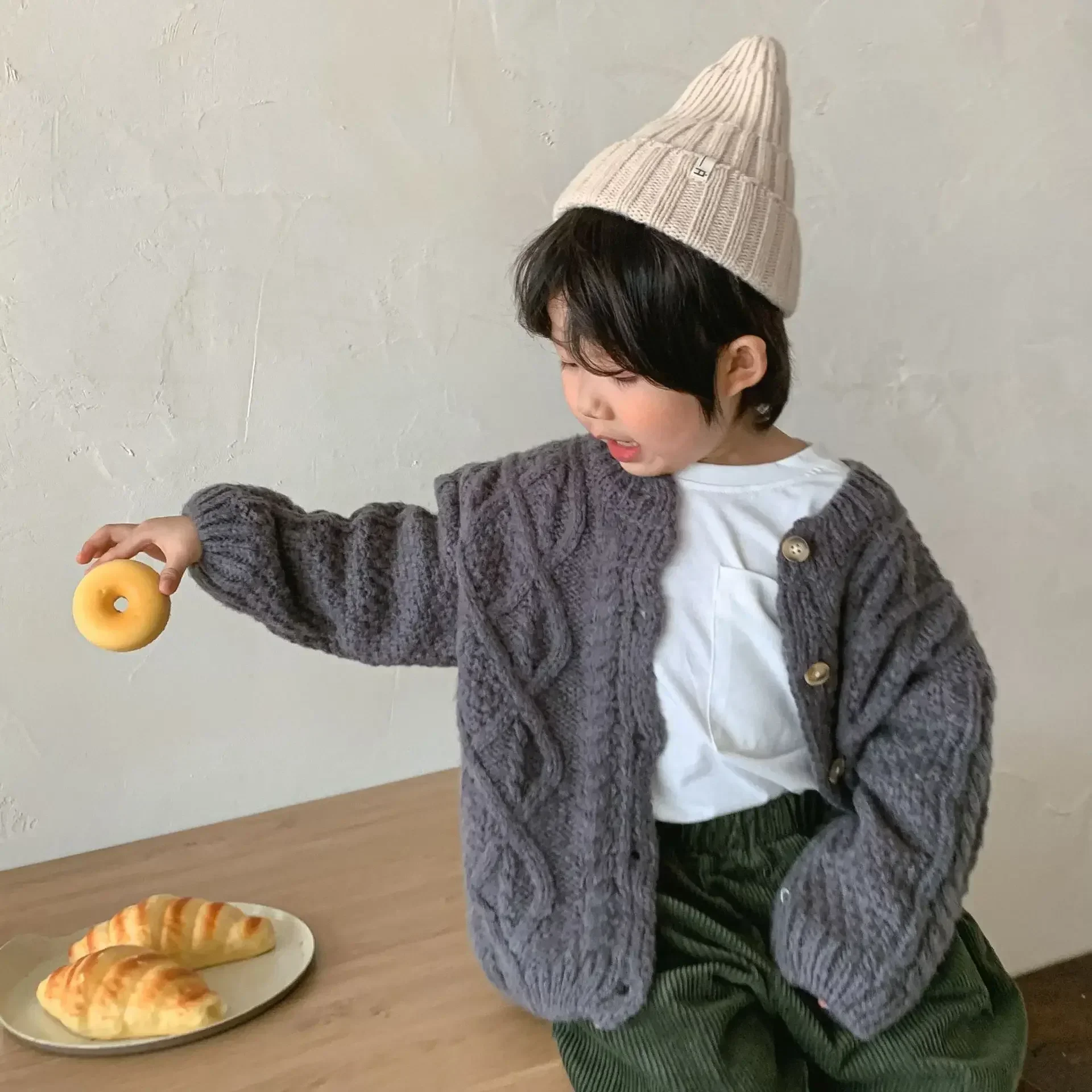 2 قطع الجملة الكورية الاطفال بالأزرار الرجعية الصوف القنب البلوزات لخريف شتاء متماسكة سترة طفلة الملابس الشتوية