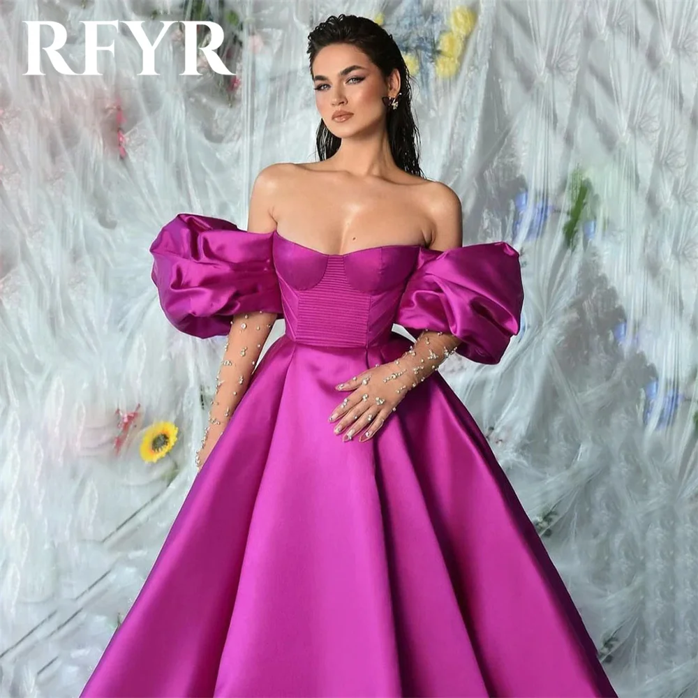 RFYR Fuchsia A Line Prom Dresses Puff Sleeve vestidos de fiesta Off the Shoulder Party Dresses Exquisite Sweetheart Evening Gown