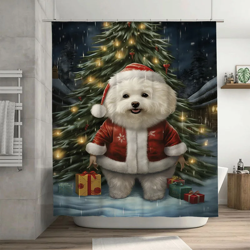 

Tuniu Adorable Christmas Poodle Dog Shower Curtain Festive Holiday Decor Bathroom Set Waterproof Cute Funny Pet Lover Gift Chris