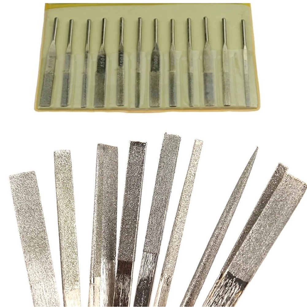 12 шт. наждачные игольчатые напильники, набор металлических напильников, универсальные инструменты для стеклянных металлических камней, разработанные с пластиковой ручкой, конические напильники 100–300