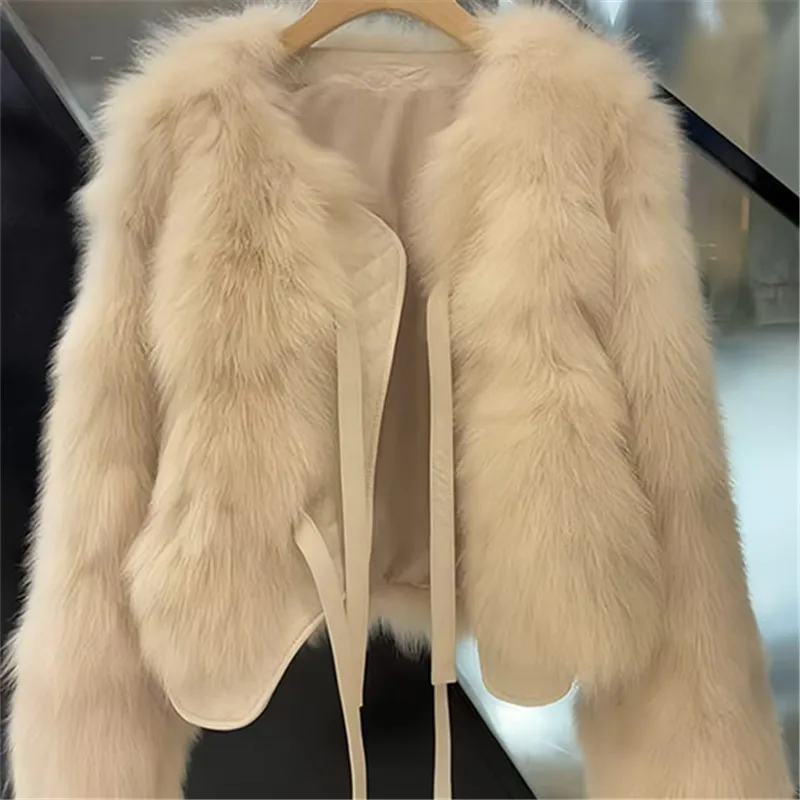 ฤดูใบไม้ร่วงFaux Fur Crop Coatผู้หญิงแฟชั่นStreetwear Oคอปุยสั้นเสื้อขนสัตว์เกาหลีElegant Lace Up Faux Fox Fur Parkas