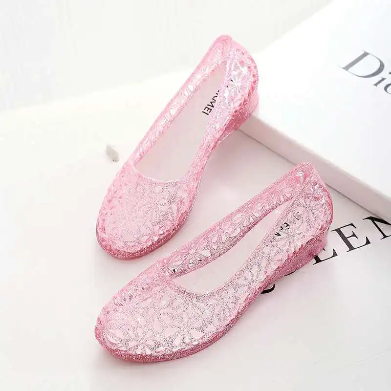 Fashion Women Sweet Fashion Bird\'s Nest Hole Shoes Plastic Crystal Sandals Flat Bottom Glitter Beach Shoe Clear Heels for Women