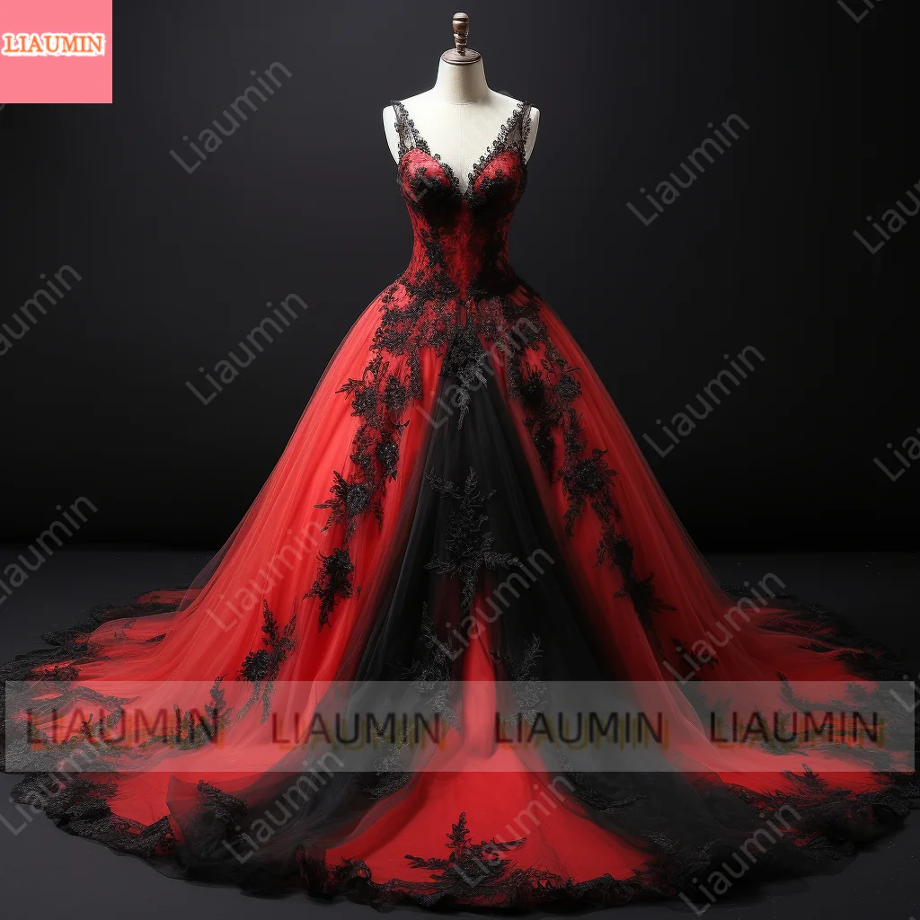 Red Tulle Aand Black Lace Edge Applique Full Length Evening Dress Formal Occasion Women Elagant Clothing Hand Made Custom W3-7