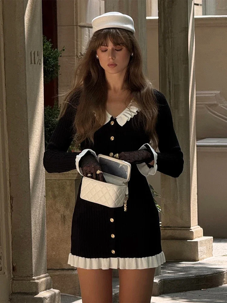 

Элегантное вязаное платье с V-образным вырезом и рюшами на воротнике, женское повседневное платье с длинными рукавами, приталенное, на одной пуговице, 2026, женская уличная одежда