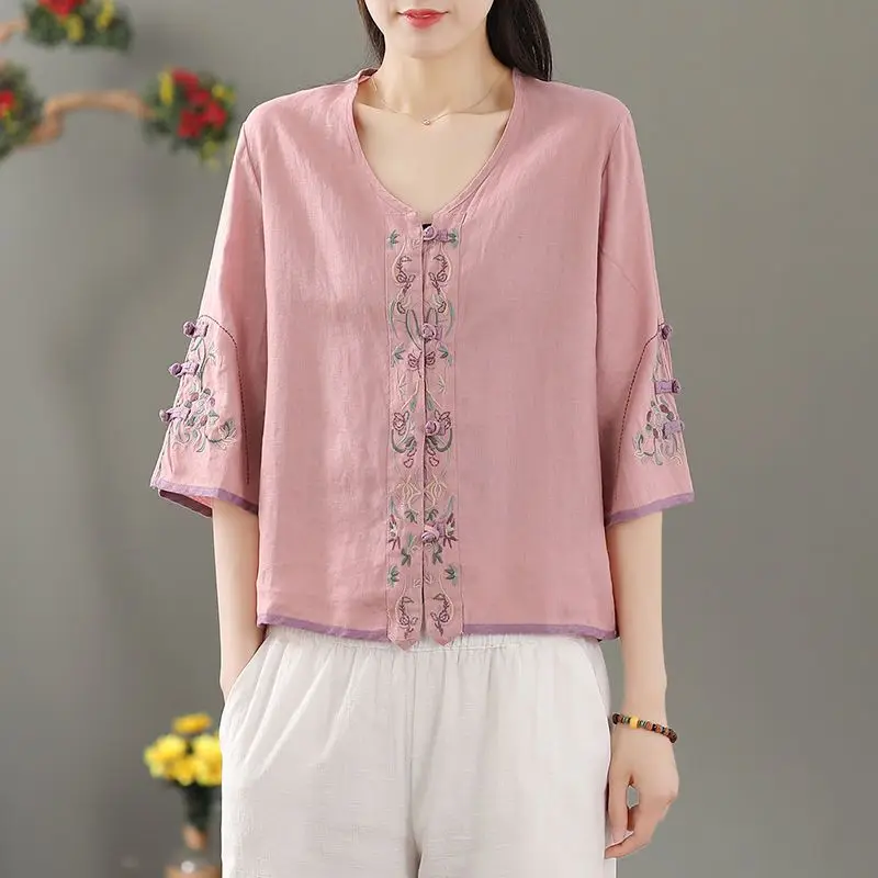 Retro Ethnic Style Patch Embroidery 3/4 Sleeve Blouse Women 2025 Summer Loose Thin V-Neck Cardigan Top