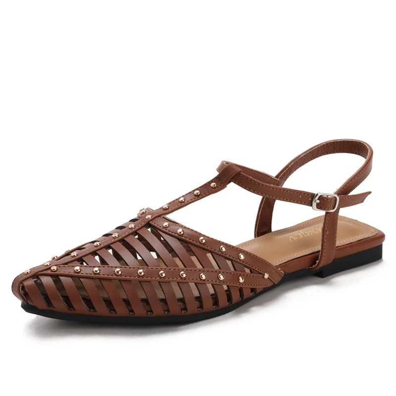 Damen-Hohlsandalen im römischen Stil, Retro-Nieten-Sandalen mit niedrigem Absatz und geschlossener Zehenpartie, Knöchelschnallenschuhe, Übergrößen, Sommer-Freizeitsandalen für den Strand – Detail 5