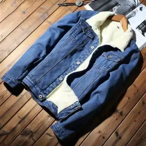 가을 겨울 남성용 플리스 안감 두꺼운 따뜻한 데님 재킷 한국 패션 슬림 핏 양털 청자켓 남성 아우터웨어