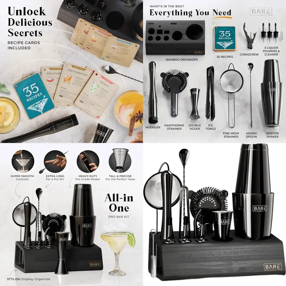 

14-Piece Cocktail Kit with 35 Recipes | Home Bartending Set | 28oz Boston Shaker | Jet Black