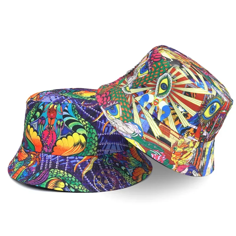 Bucket Hat Men Hip Hop Print Fisherman Caps Streetwear Double-sided Hats For Women Beach Cap Unisex Panama Hat 2024 Summer